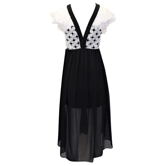 Sandro Paris Lace Trim Midi Dress in Black and White - Picture 12 of 15